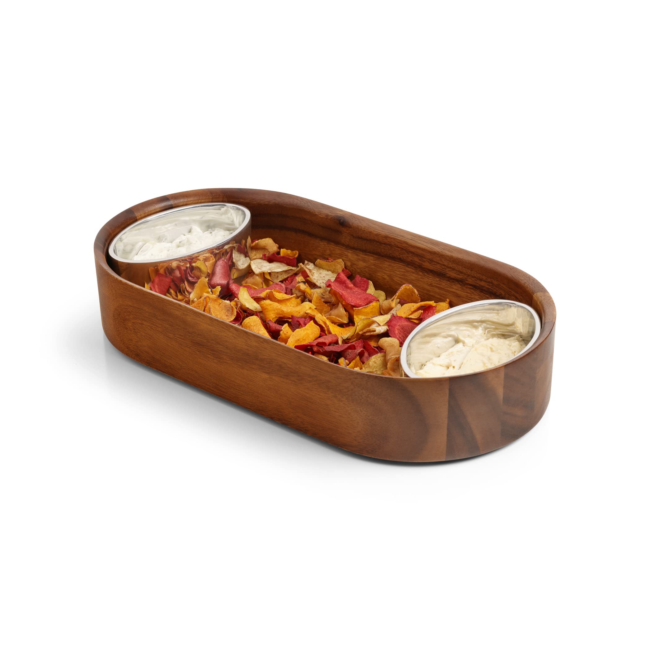 Nambe Oblong Nest Chip And Dip Serving Bowl Wooden