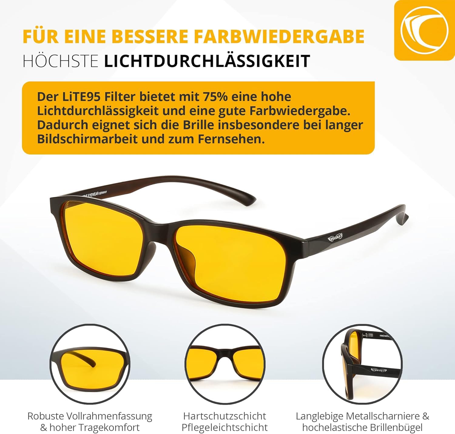 PRiSMA - 95% Blaulichtfilter-Brille FREiBURG LiTE95 - Damen und Herren - für Arbeit PC und TV - Augenanstrengung reduzieren - besser schlafen