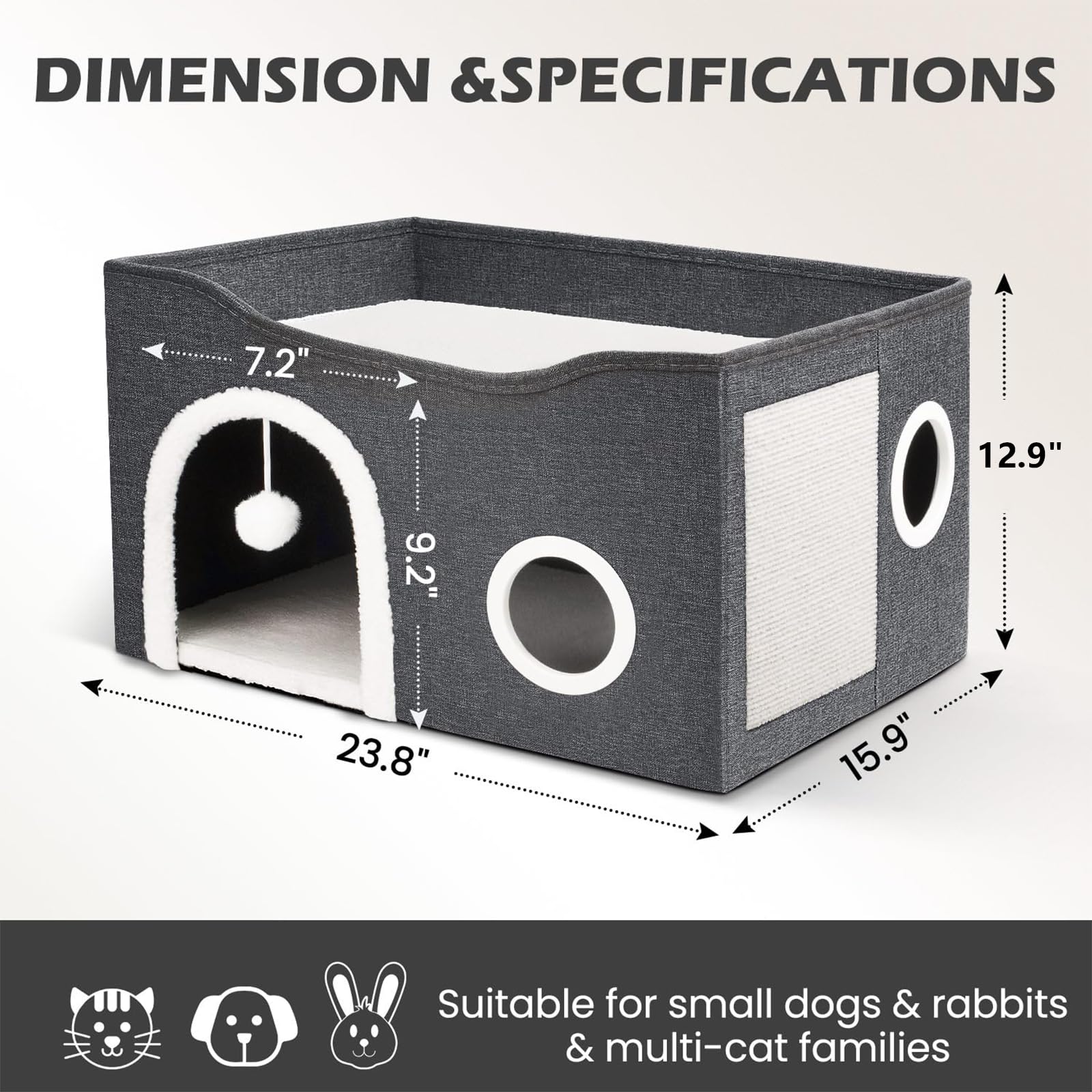 بيت للقطط في الاماكن المغلقة، سرير كبير للقطط مع كرة منفوشة ووسادة خدش، منازل وشقق قابلة للطي، مكعبات قطط، مخبأ قطط، سرير قطط مغطى للقطط الصغيرة والكبيرة
