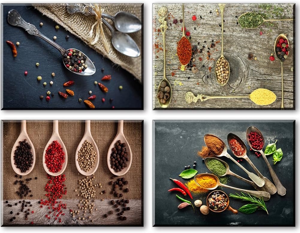 Kitchen Pictures Wall Decor, SZ 4 Piece Set Spice and Spoon Vintage Canvas Wall Art, Ready to Hang Retro Canvas Prints
