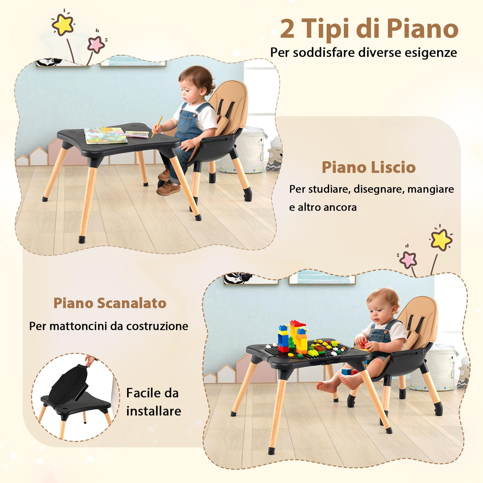 COSTWAY 6-in-1 Seggiolone per Neonati, Seggiolone Prima Pappa, Tavolo e Sedia Convertibile per Bambini, Imbracatura di Sicurezza, Vassoio Rimovibile, per Bambini 6-36 Mesi (Caffè+Nero)