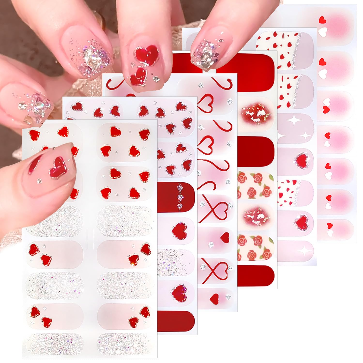 Photo 1 of Valentines Day Nail Stickers - 6 Sheets Red Heart Gel Polish Strips, Romantic Rose Love Glitter Self-Adhesive Design, Holiday Full Wrap Strips With No UV for Women Acrylic Nails