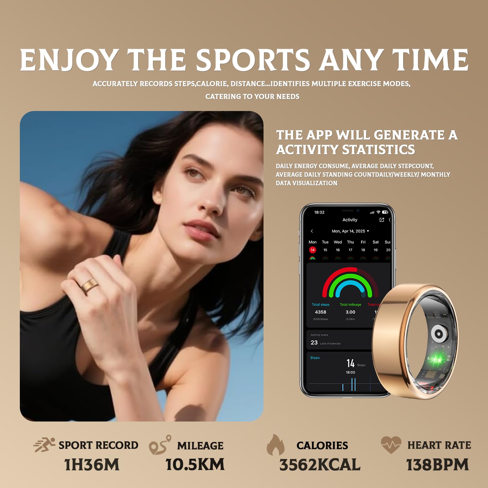 Bague Connectée Smart Ring pour Femme et Homme, Tracker Fitness avec Moniteur Fréquence Cardiaque, Sommeil, 100+ Sports, Podomètre, Étanche IP68, Sans Abonnement pour iOS/Android (Argenté, 9)