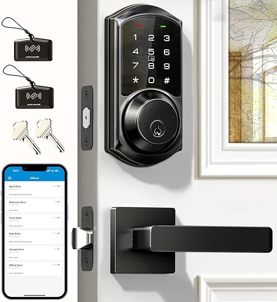 Veise VE06-L Smart Locks with 2 Lever Handle Set, App Control, Keyless Entry Deadbolt for Front Door, Electronic Digital Touchscreen Keypad, Auto Lock, Waterproof, Easy Installation, Matte B