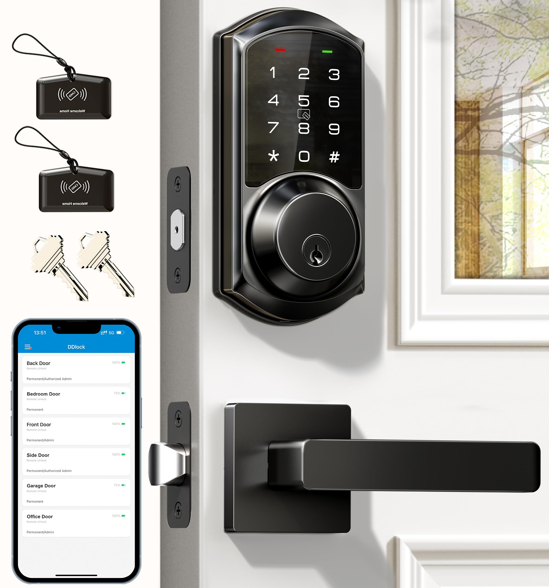 VeiseVE06-L Smart Locks with 2 Lever Handle Set, App Control, Keyless Entry Deadbolt for Front Door, Electronic Digital Touchscreen Keypad, Auto Lock, Waterproof, Easy Installation, Matte Black