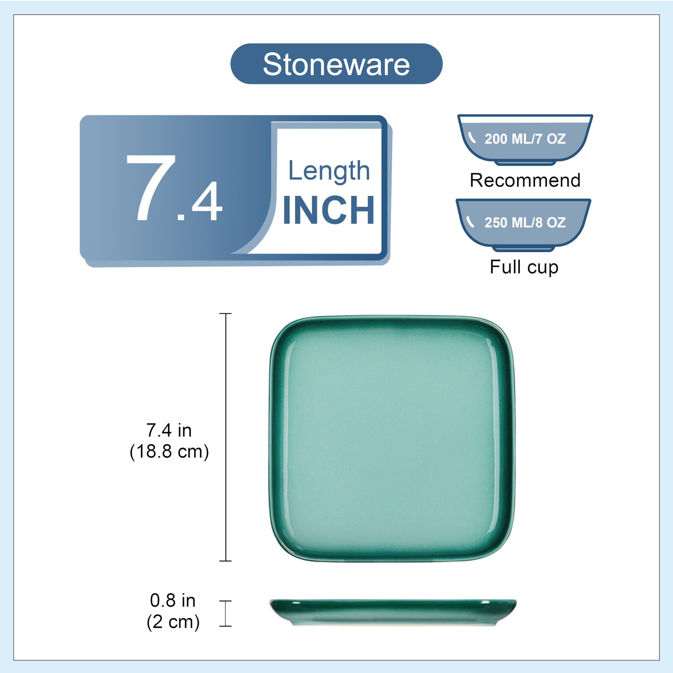 LOVECASA 7.4 Inch Plates Set of 4, Square Dessert Salad Plates, Green Dinner Plates, Small Serving Dishes Appetizer Plates, Dishwasher, Oven and Microwave Safe