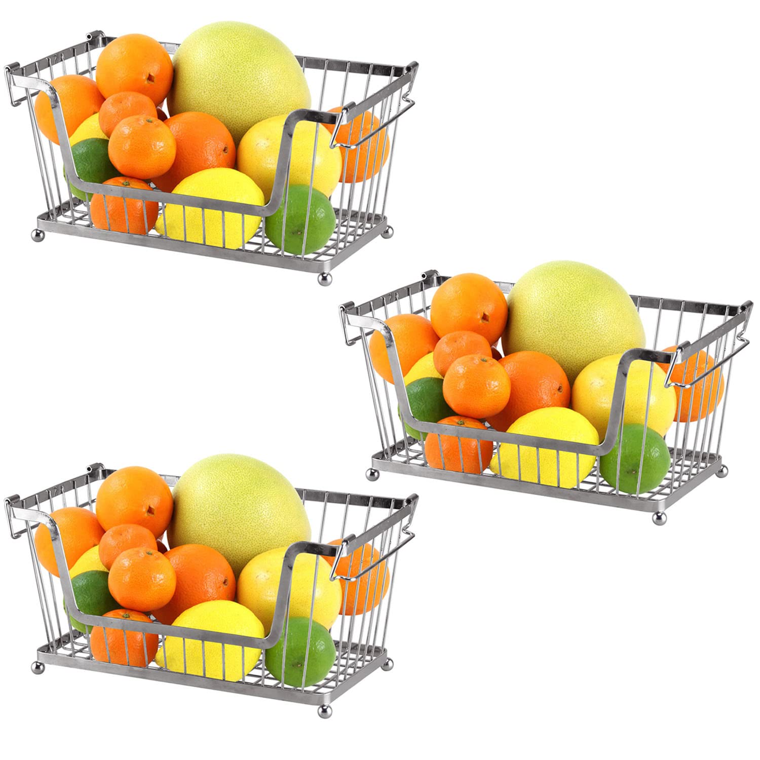 Greenfields® 3 Pack Silver Multi-Purpose Stackable Storage Wire Basket Stacking Shelves Fruit Vegetable Kitchen Bathroom Rack Stand Organiser With Handles