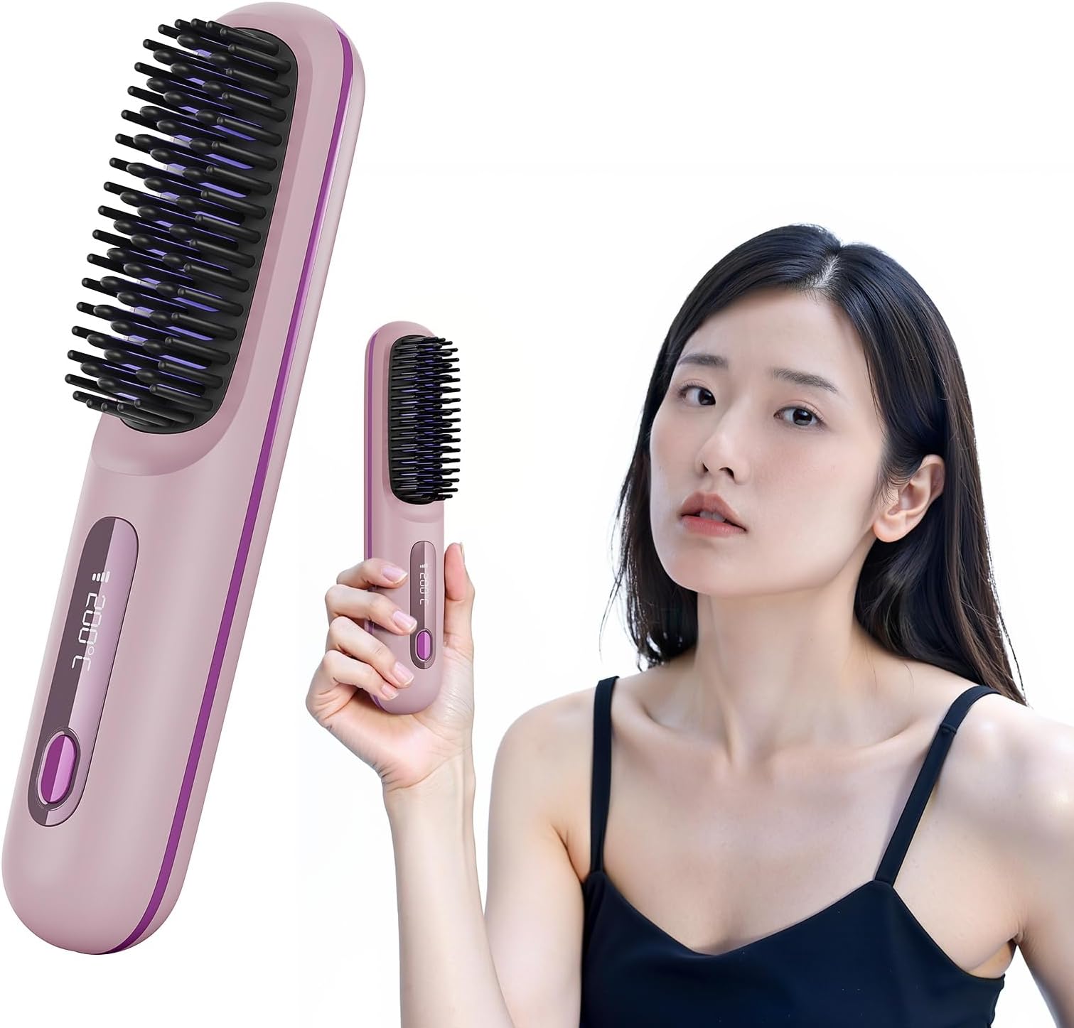 【Amazon.co.jp Exclusive & 2025 Evolution Model】Heat Brush Cordless Brush Iron Straight Negative Ion Anti-Static Digital Display Type-C Rechargeable 160～200℃ USB Rechargeable 3-Level Temperature