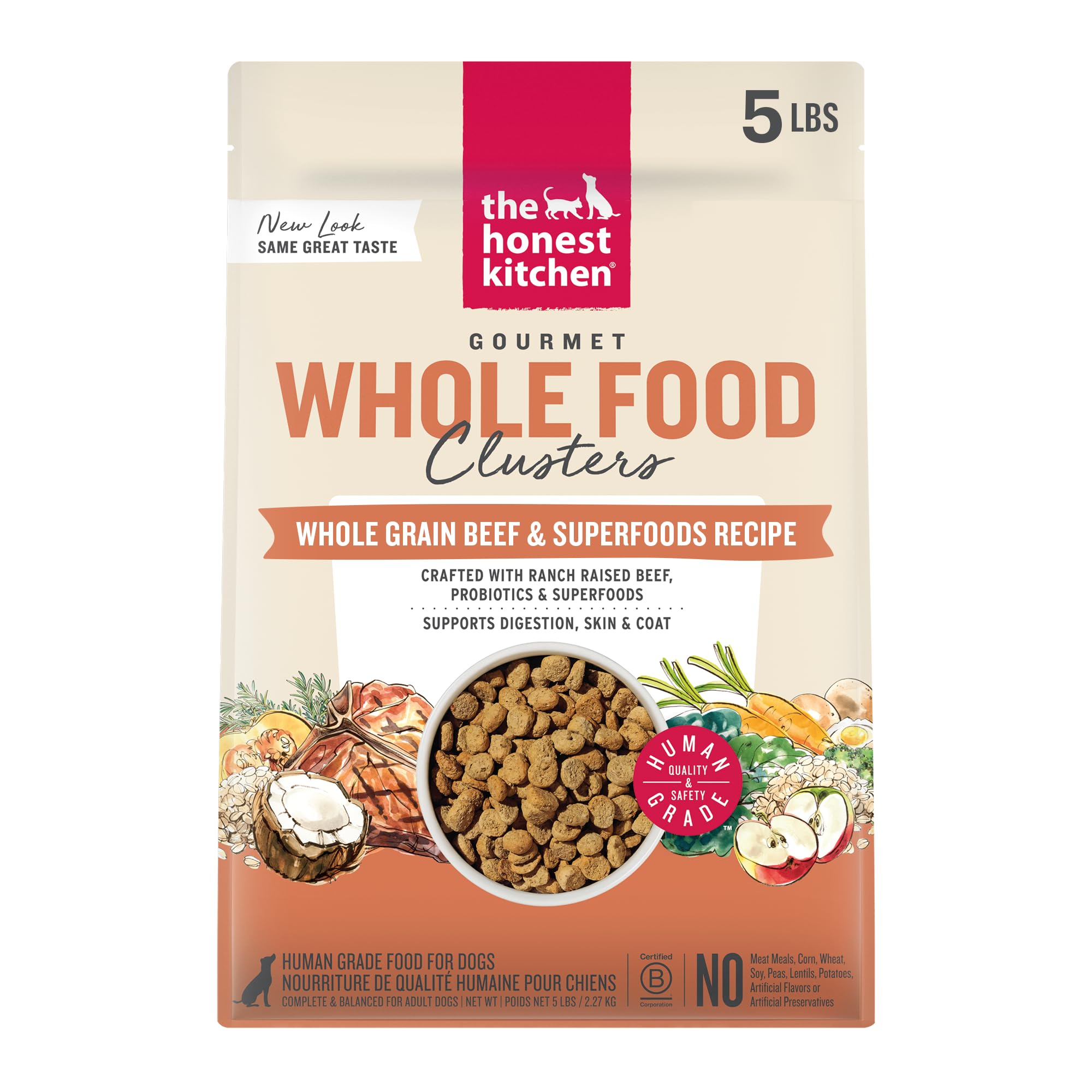 Human Grade Whole Food Clusters Whole Grain Beef & Oat Dry Dog Food, 5 lb Bag