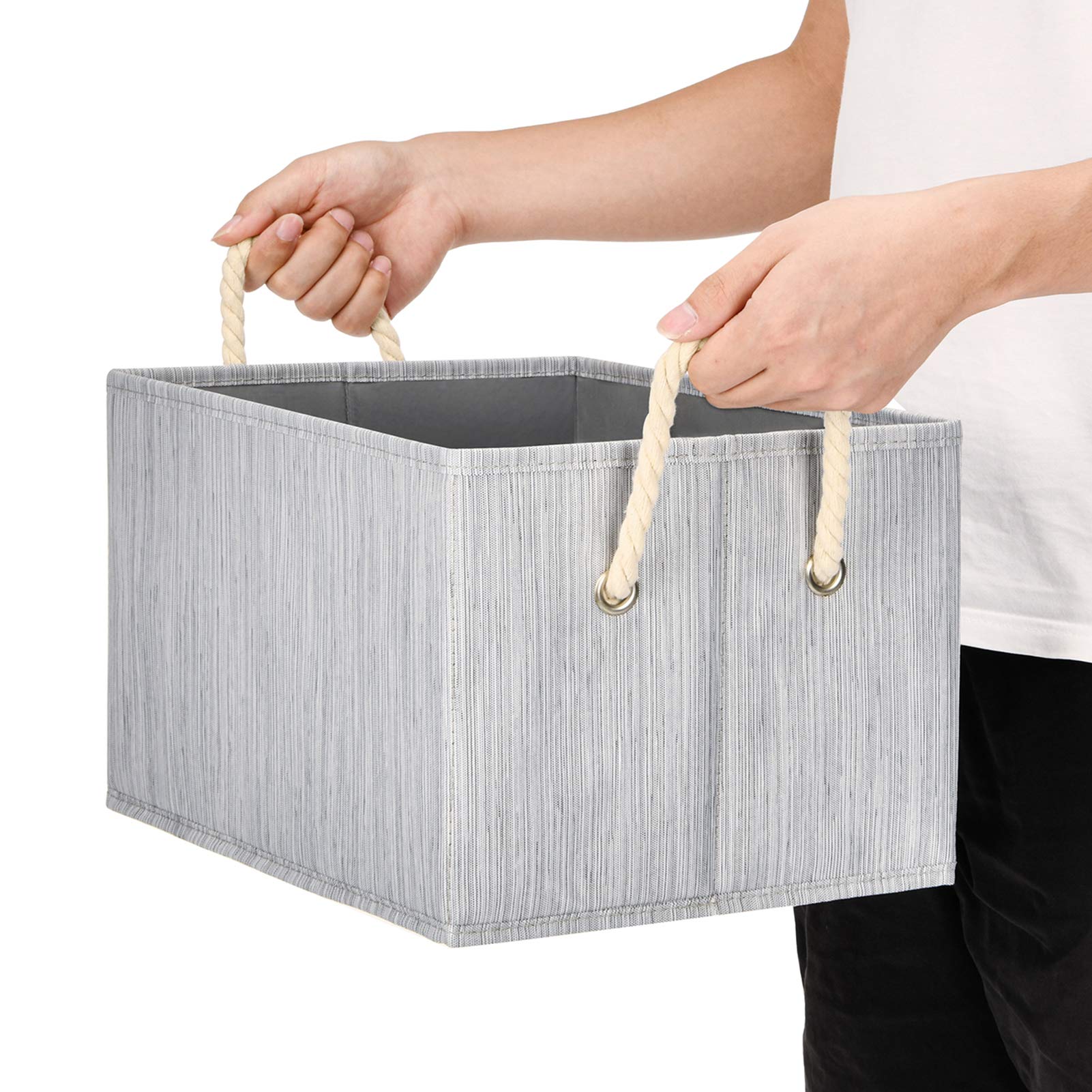 Set 3 Cestelli Storage In Tessuto - Con Manici In Pelle, Pieghevoli, Per Vestiti E Giocattoli, Grigio Large - Foto 2