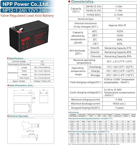 Miniatura 6 de NPP Batería AGM recargable de 12 V 1.2 Ah, plomo ácido sellado NP12-1.2Ah T1 baterías de reserva para sistema de seguridad ADIAdemco 484, alarma de