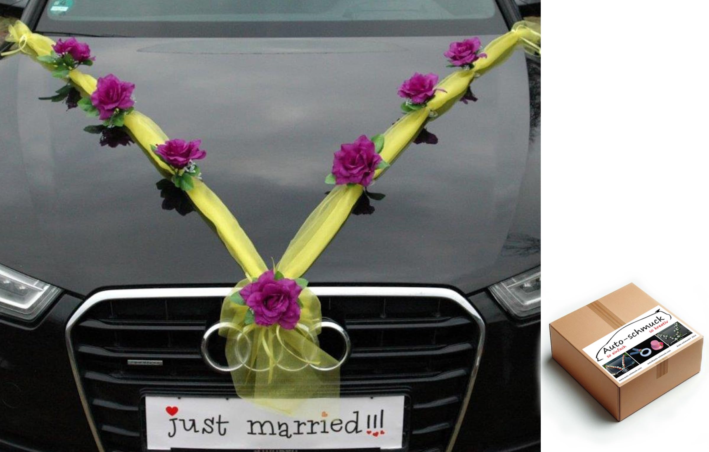 Organza M Auto Schmuck Braut Paar Rose Deko Dekoration Autoschmuck Hochzeit Car Auto Wedding Deko (Dunkelviolett/Gelb)