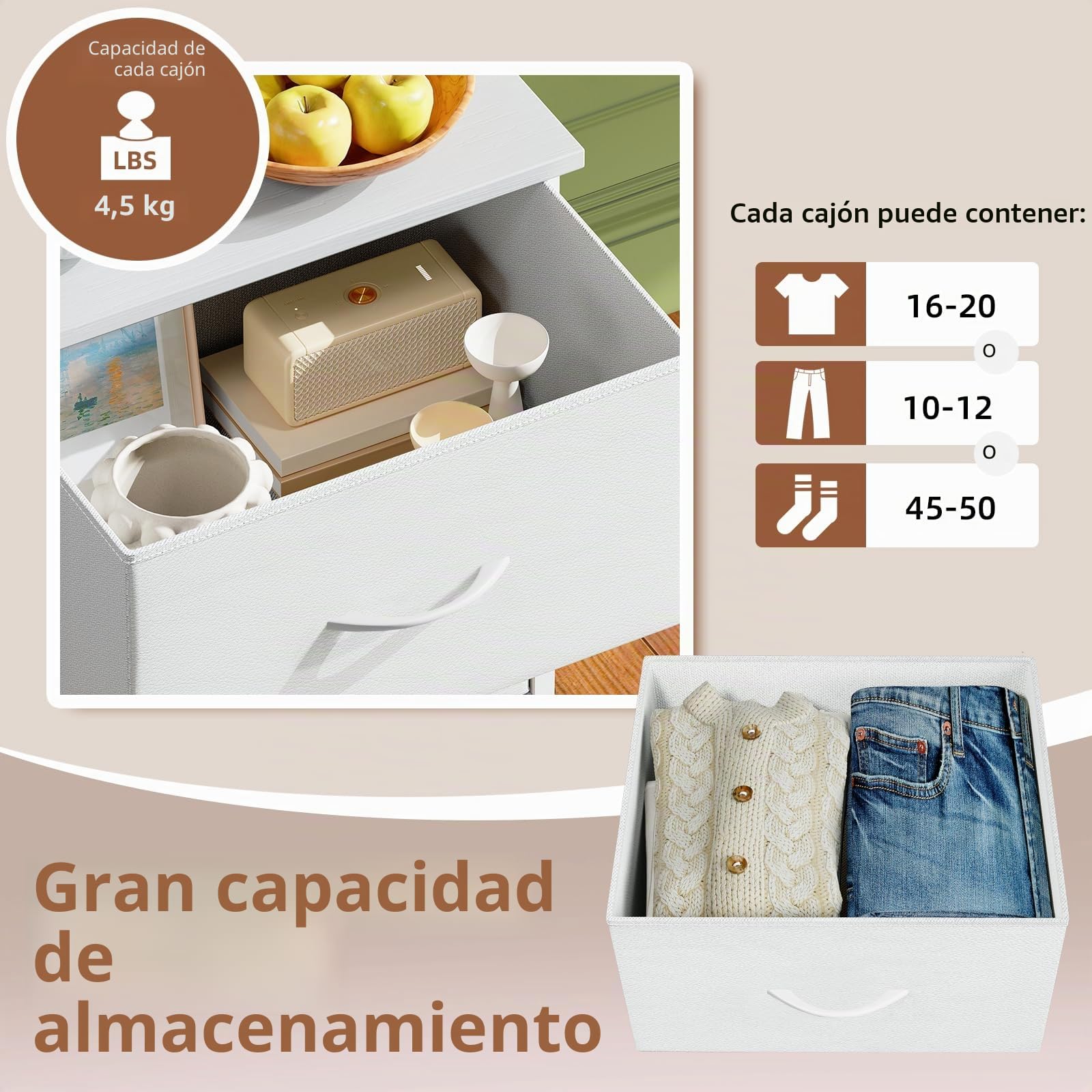 Somdot Comoda Dormitorio con Cajones de Tela, Cajonera para Salón, Estudio y Habitación Infantil, Armario, Gavetero, 30 Profundo x 42 Ancho x 93 Alto (4 Cajones), Blanca | Mueble de almacenamiento de tela, cómoda, sala de estar, pasillo, parte superior de