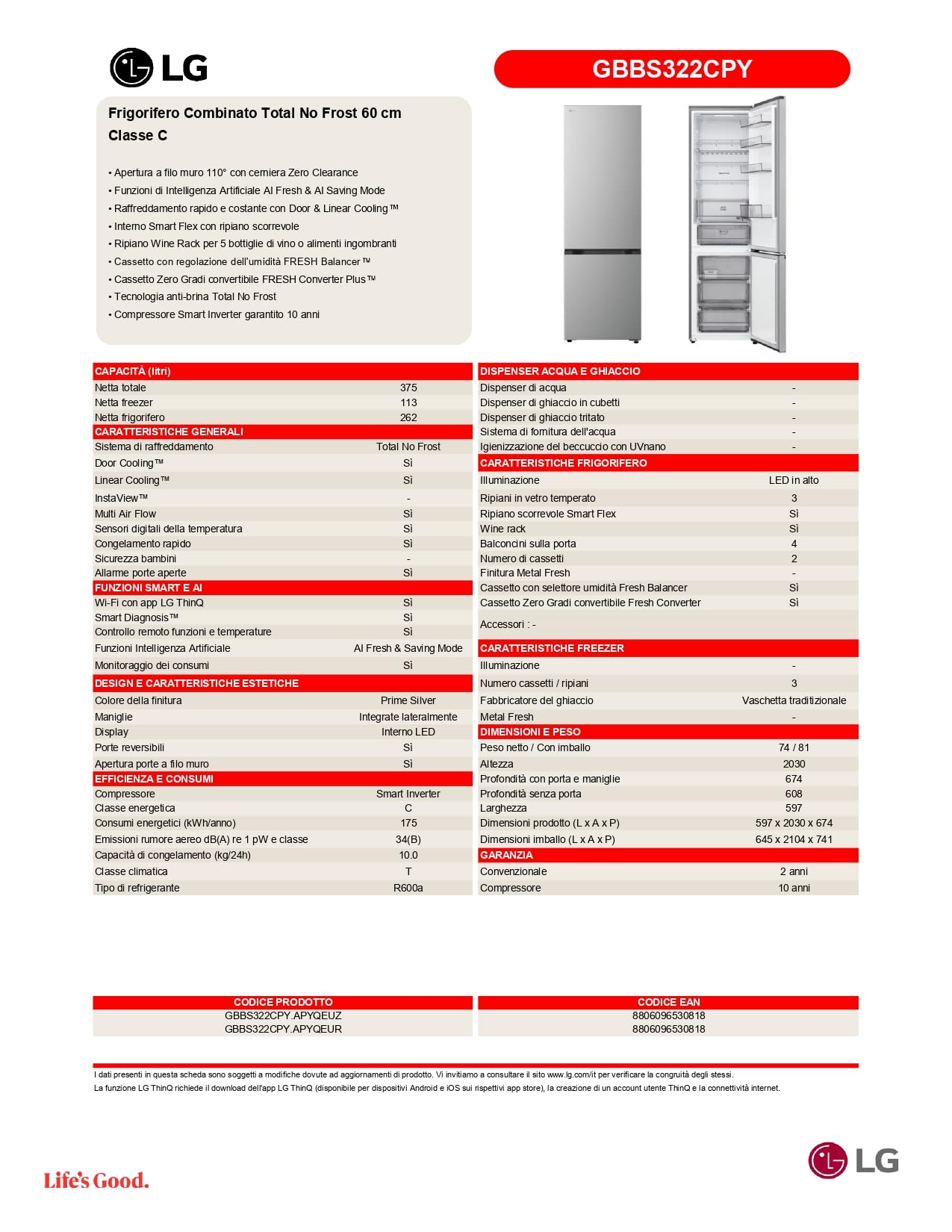 LG GBBS322CPY Frigorifero Combinato Larghezza 60 cm Fit & Max, Classe C, Raffreddamento Ottimizzato con AI Saving, Total No Frost, Door e Linear Cooling, 375 L, Smart Inverter, Wi-Fi, Prime Silver