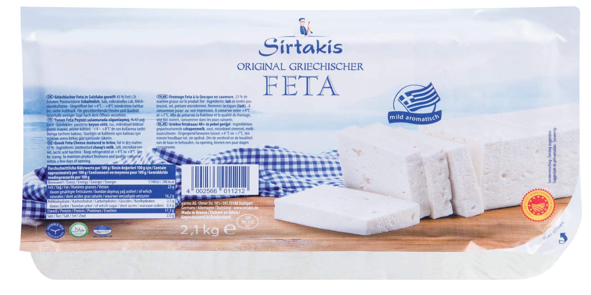 Sirtakis Feta Schafskäse - 3x 2.1kg Vakuum - Schafkäse Fetakäse griechischer Feta Schaf Käse Salzlake in Vakuumverpackung Griechenland 43% Fett i.Tr. mikrobielles Lab vegetarisch glutenfrei Halal