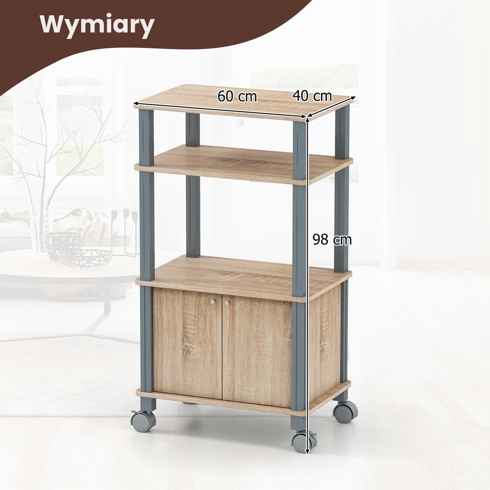 COSTWAY Regał kuchenny na kółkach, wózek kuchenny z półkami i szafką, regał stojący do kuchni i jadalni, wózek do serwowania, do kuchenki mikrofalowej, regał pomocniczy, wózek na kółkach, 60 x 40 x 98