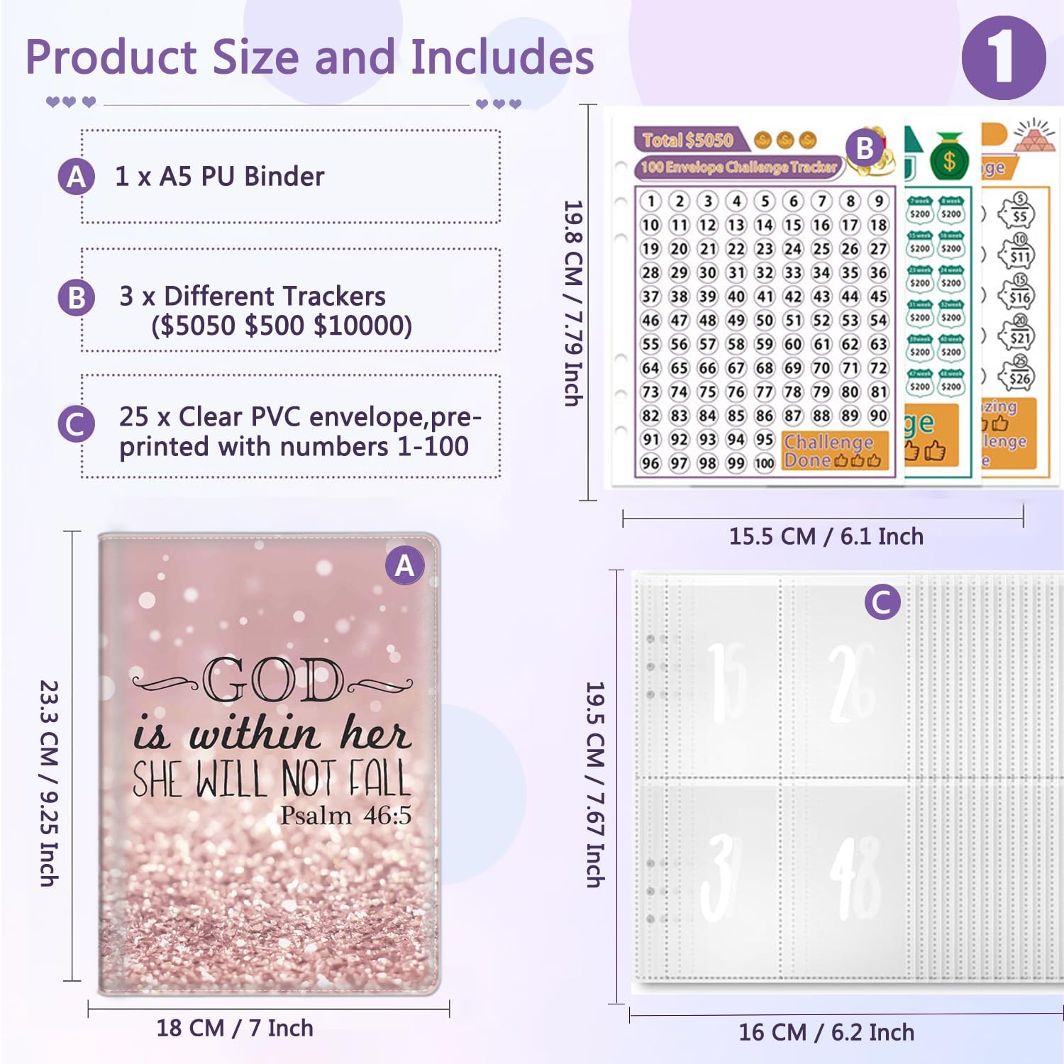 BFRKXOCK 100 Envelopes Money Saving Challenge Binder, A5 Budget Binder with 25 pcs Cash Envelopes, 3 pcs Reusable Laminated Trackers Saving $5050, 500, 10000, Money Organizer,Psalm 46-5 Pink Glitter