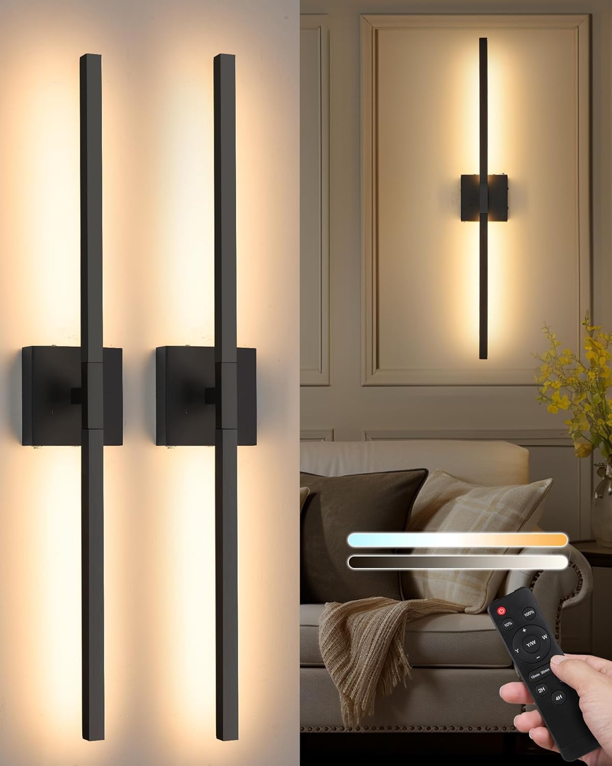 Battery Operated Wall Sconces Set of Two, 3000K-6000K Dimmable Wireless Wall Sconces with Remote Control, Modern LED Rechargeable Wall Light with Timer Function for Living Room, Bedroom 24 Inch Black