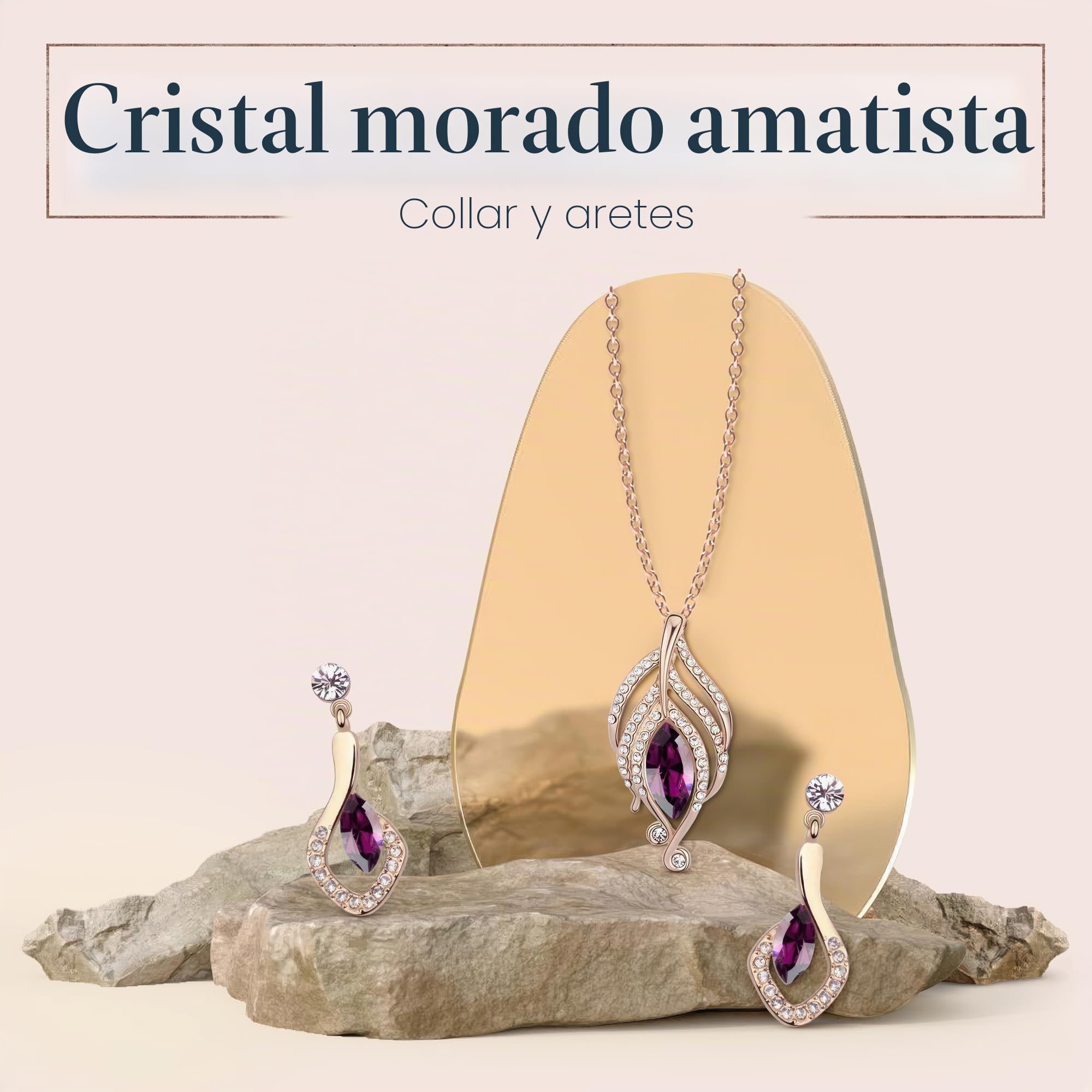Crystalline Azuria Mujer 18ct Chapado en Oro Rosa Cristales Amatista simulada Juego de joyas Collar Pendientes para Mujer y Niña