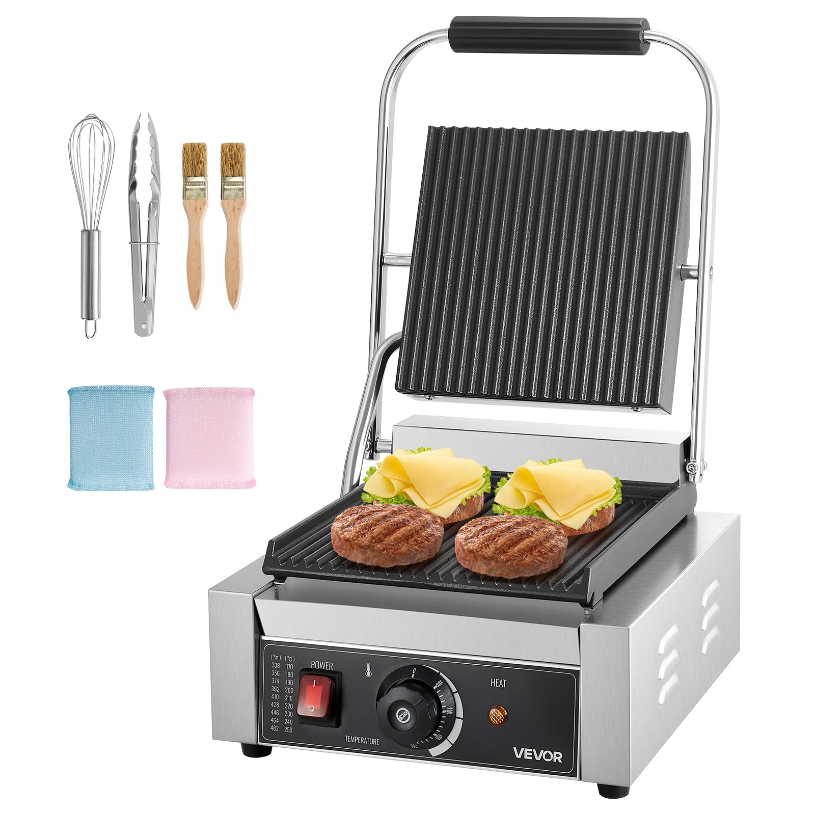 VEVOR Piastra Elettrica per Panini Professionale, 1800 W, in Acciaio Inox con Maniglia e Controllo della Temperatura, Piastra Smaltata Scanalata Piatta da 22 x 23 cm, per Bistecche, Pancetta