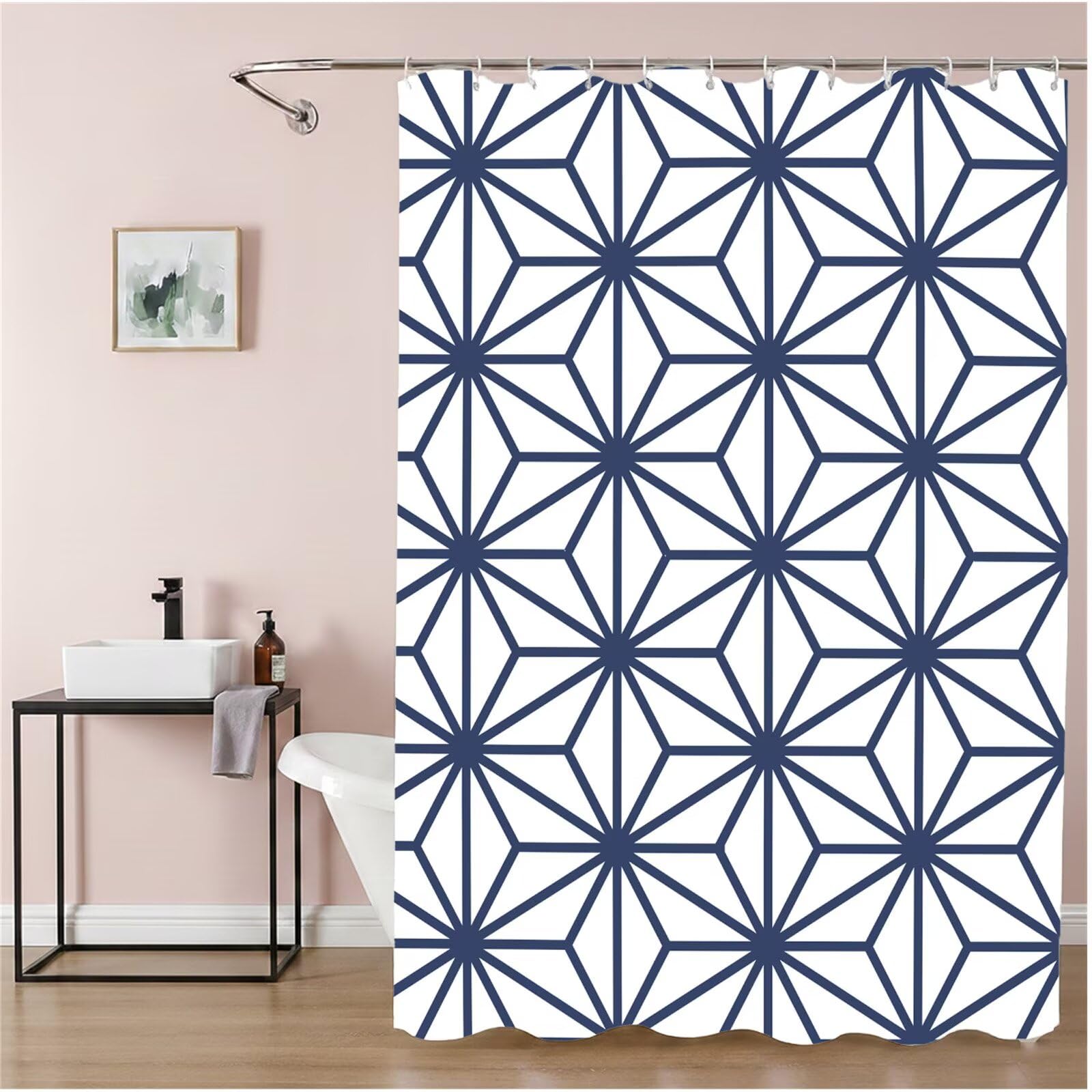 Rideau de Douche Anti Moisissure, Géométrie Rideau Douche 200x200 cm Imperméable Tissu Lavable en Machine Polyester Shower Curtain avec 12 Crochets, Decoration Jardin Exterieur, Blanc 6H-292