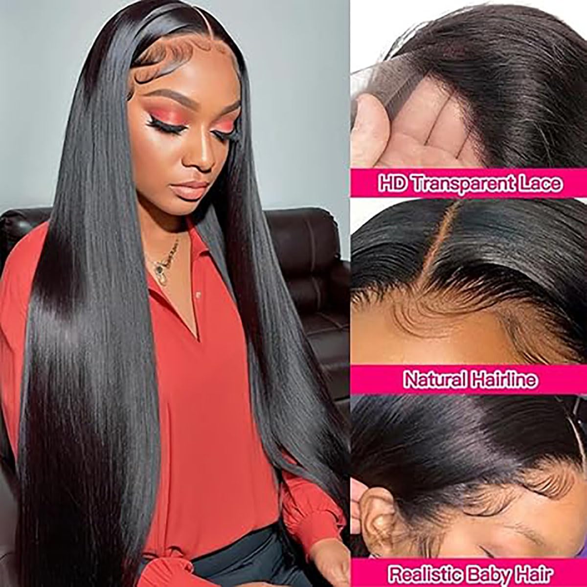 13X6 Lace Front Human Hair Wig Straight Parrucca Donna Capelli Veri Glueless Wig Wear and Go Natural Black Real Pre Plucked 150% Density Unprocessed Remy Human Hair 34 Zoll