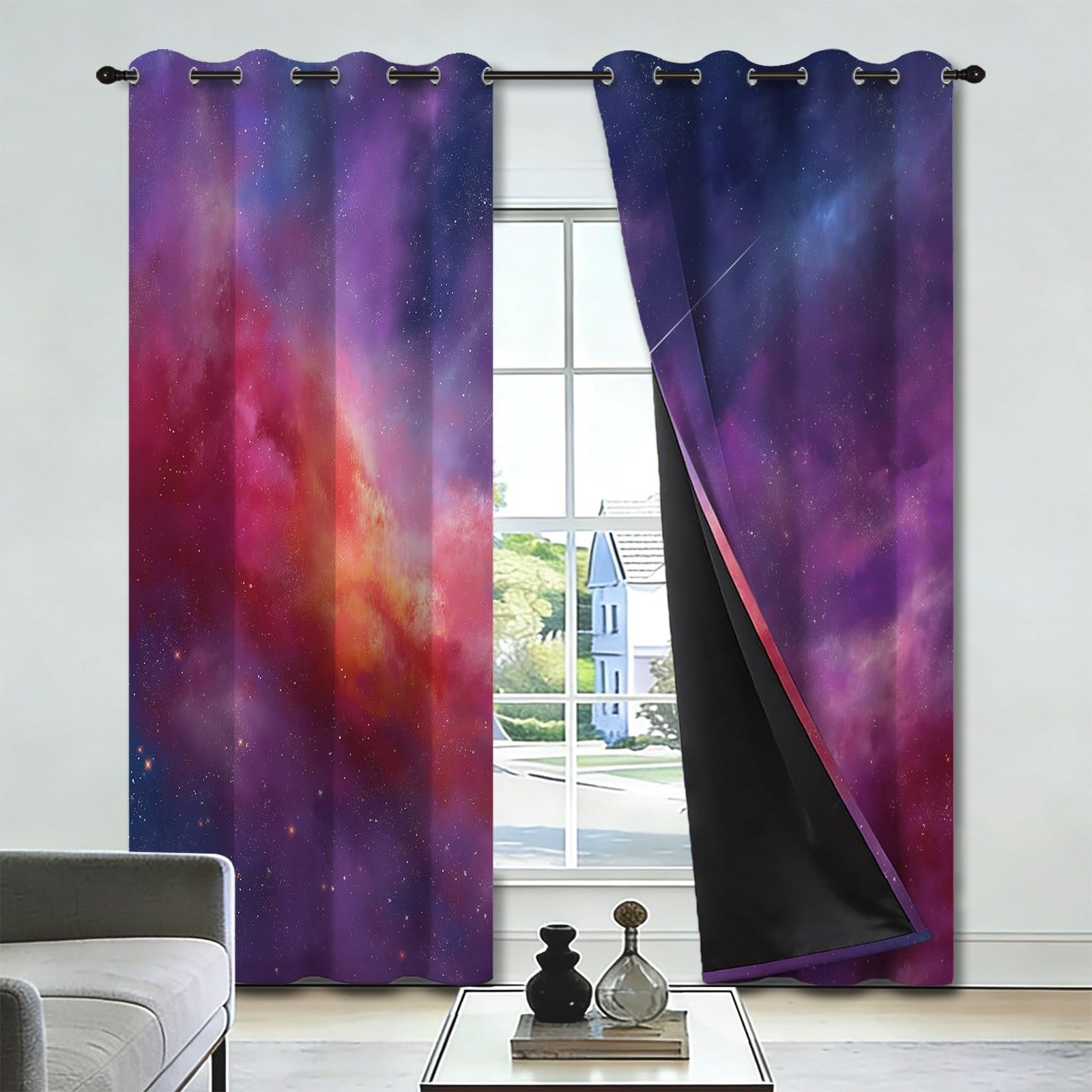 Generisch Vorhänge Blickdicht Fantasie Nebel Meteorschauer Universum Verdunkelungsvorhang mit Ösen Gardinen Kinderzimmer Spielezimmer Ösenvorhang Wärmehaltung, H183 x B117 cm, Blau, 2er Set