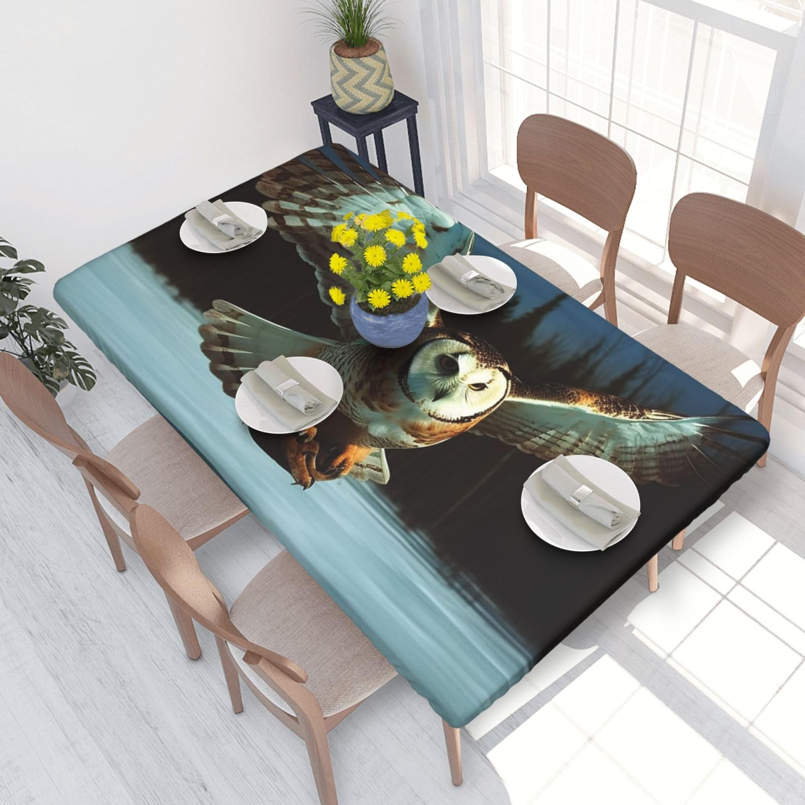 Flying Owl Waterproof Square Table Cover Elastic Fitted Tablecloth Oil Proof Table Protector For 4ft Table