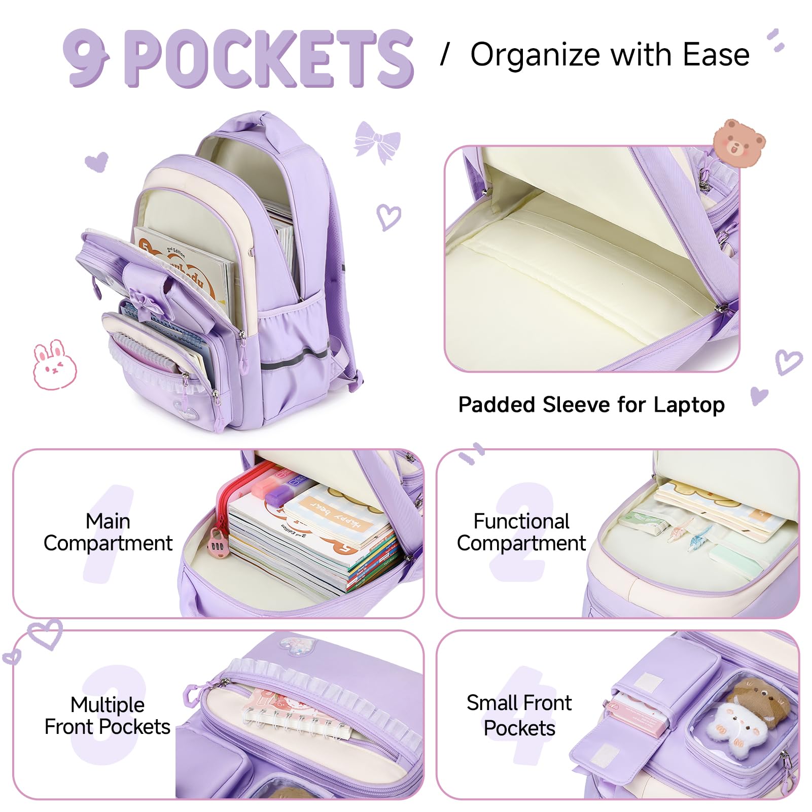 Amythe Schultasche Mädchen Rucksack Kinder, 4-teilig Schulrucksack-Set Atmungsaktiv für Mädchen, Lässiger Schulranzen mit Lunchpaket Mäppchen und Umhängetasche, Lila