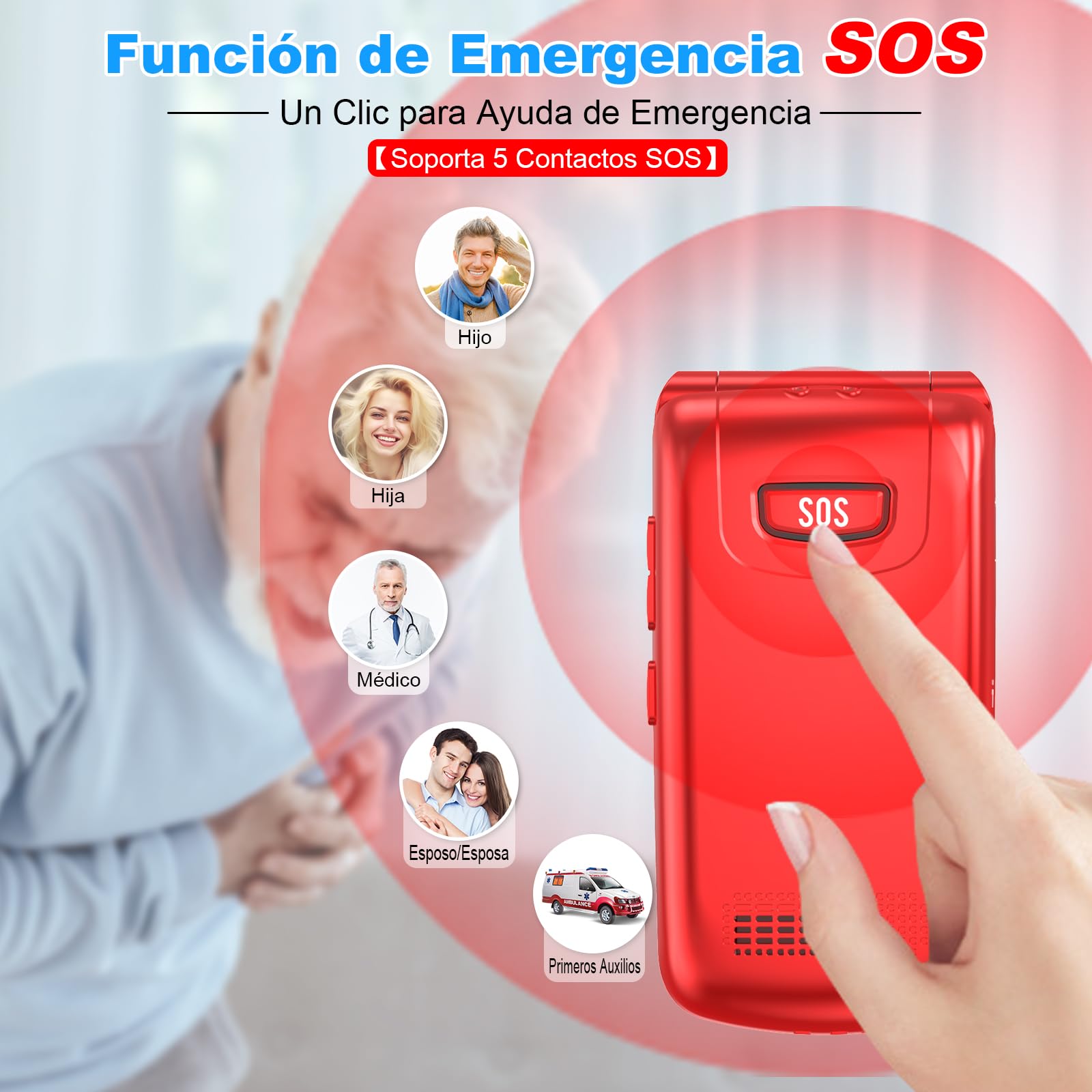 USHINING Teléfono Móvil 4G para Personas Mayores, Teléfono Móvil con Tapa Teclas Grandes Botón SOS Pantalla Doble de 2,4 y 1,77 Pulgadas Doble SIM USB-C Despertador Base de Carga, Fácil de Usar, Rojo