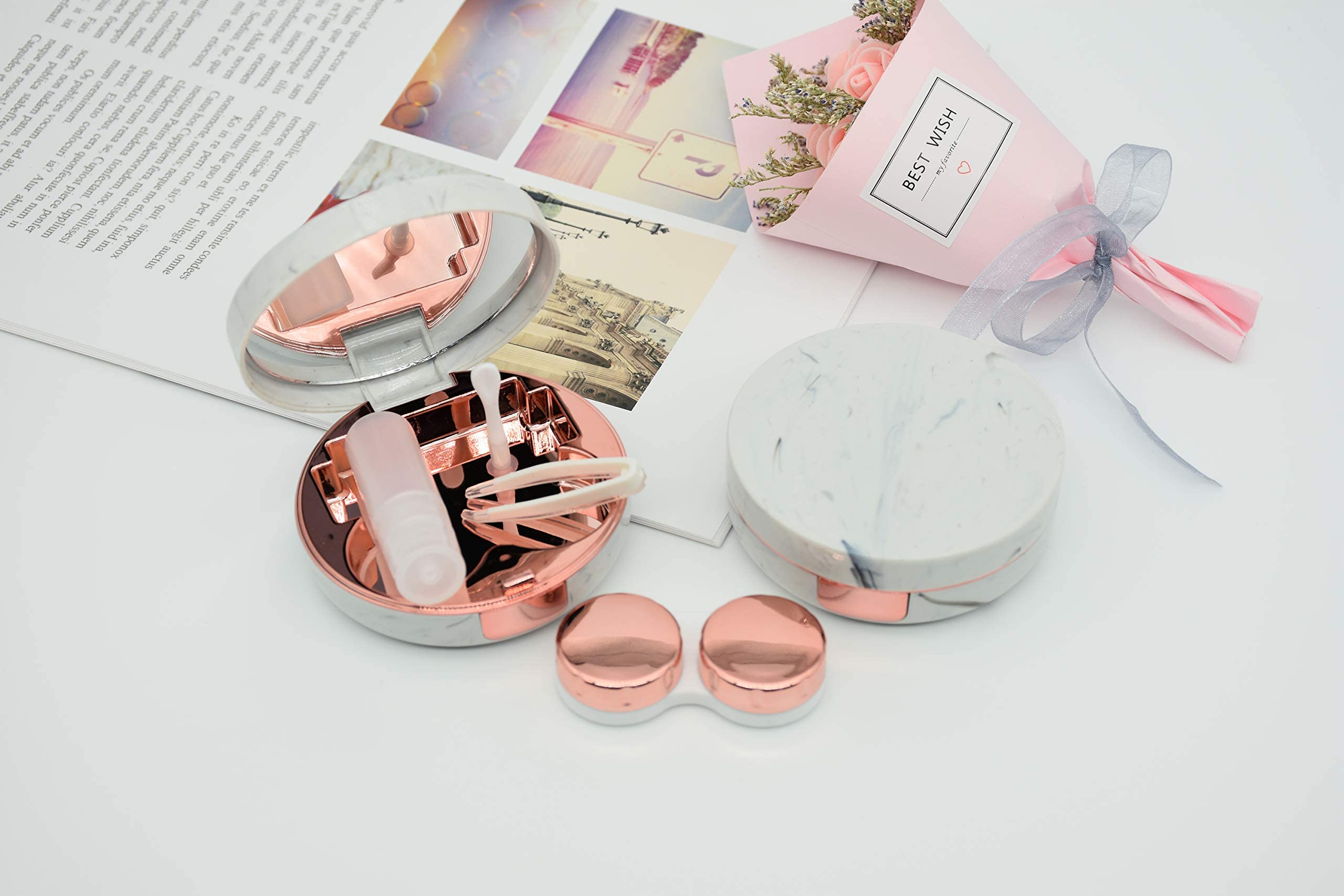 Paquete de 2 estuches de mármol para lentes de contacto, todo en uno, kit de almacenamiento de contacto de viaje, oro rosa, 2 Count (Pack of 1), Mochila de viaje