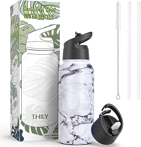 Miniatura 5 de THILY - Botella de agua deportiva de acero inoxidable  Botella de agua de boca ancha aislada al vacío de 32 onzas a prueba de fugas con 2 tapas y