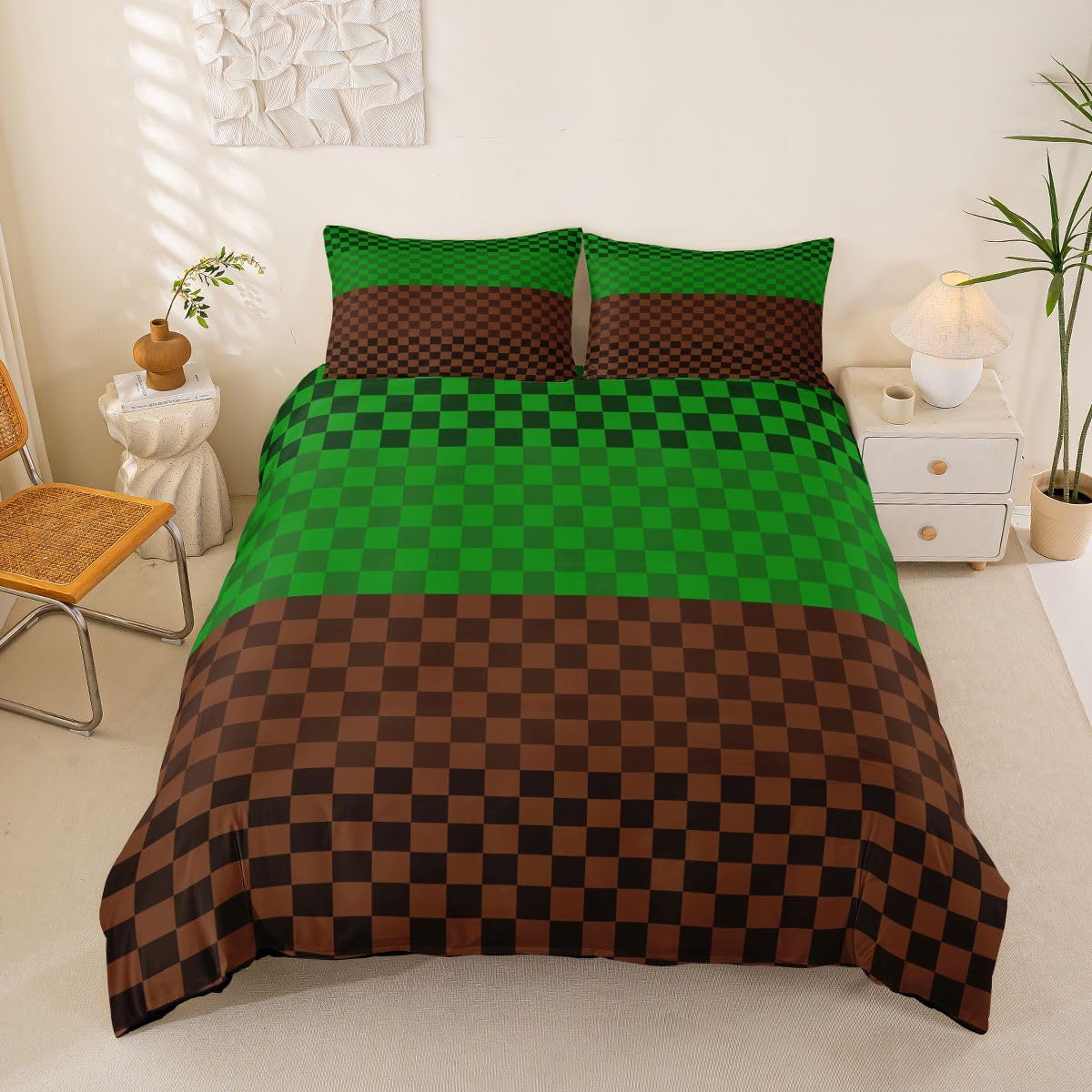 Homemissing Green Brown Pixel Game Grid Duvet Cover Set Double Size Checkered Classic Bedding Set Breathable Soft Plaid Geometric Duvet Cover with 2 Pillowcases Bedroom Decor