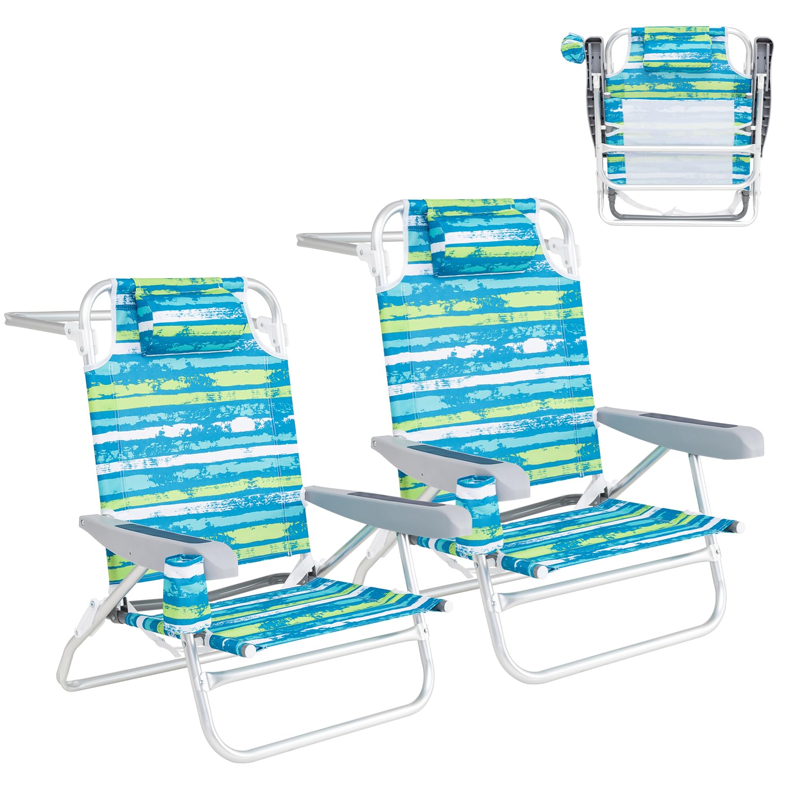 TANGZON Set of 2 Folding Beach Chairs, Camping Chair with Adjustable Backrest, Padded Headrest, Towel Bar & Storage Pockets, Outdoor Portable Armchairs (2 Green+Yellow, 62 x 54 x 80 cm)