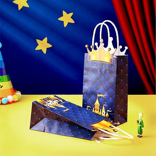 Miniatura 5 de Paquete de 16 bolsas de regalos de fiesta de príncipe, bolsas de regalo de corona con purpurina de príncipe con asas, papel kraft para regalo de