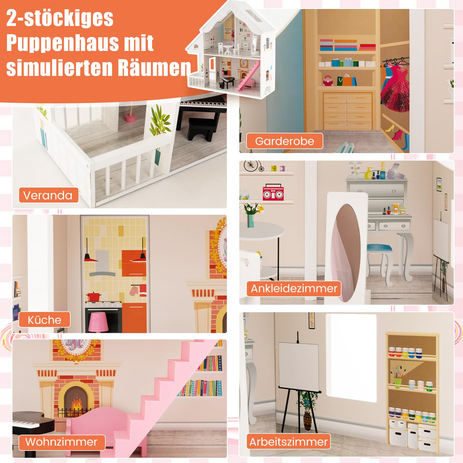 COSTWAY Drewniany domek dla lalek, 2-poziomowy domek dla lalek z akcesoriami i meblami, zabawka dla lalek 28-36 cm, dla dzieci od 3 lat
