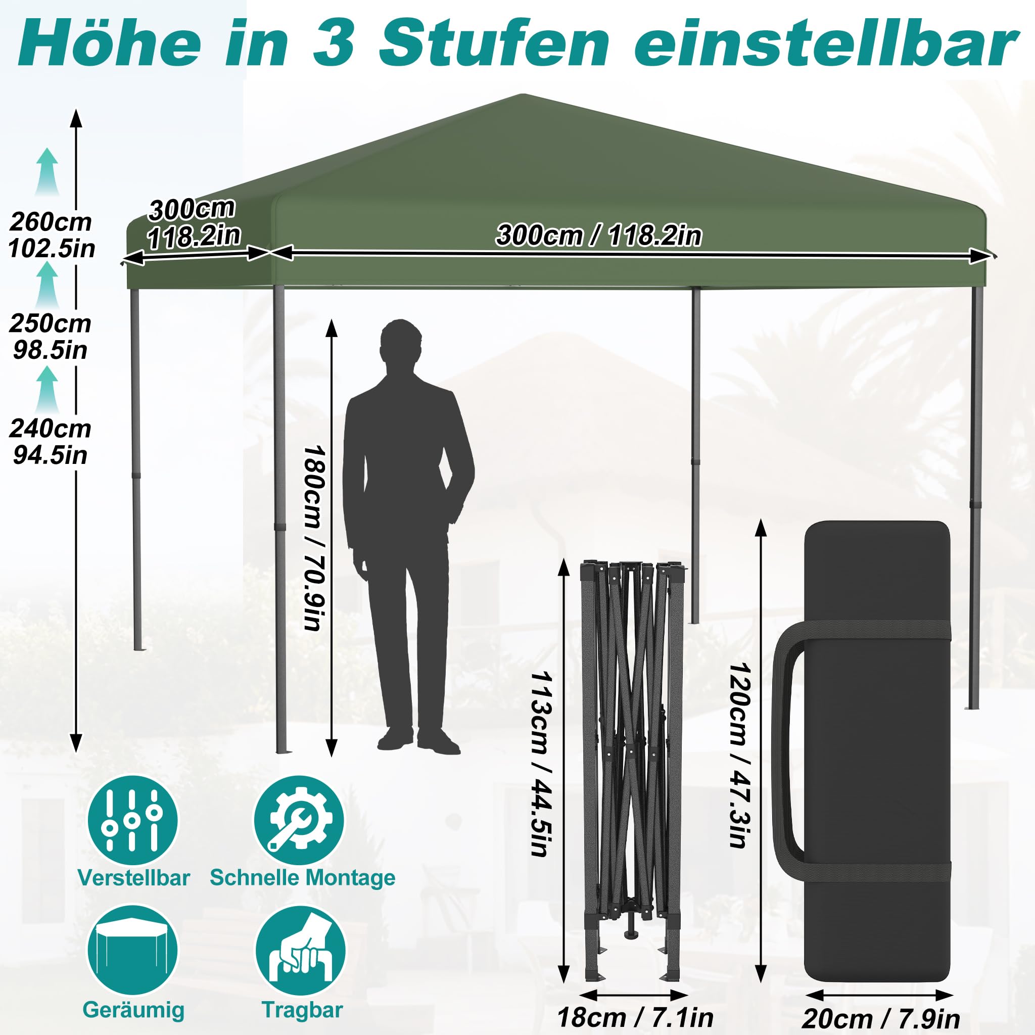 Aufun Pawilon Pop Up 3 x 3 m, wodoszczelny, odporny na warunki atmosferyczne, stabilny, ochrona przed promieniowaniem UV, składany pawilon imprezowy, namiot imprezowy, składany, do ogrodu, na kemping
