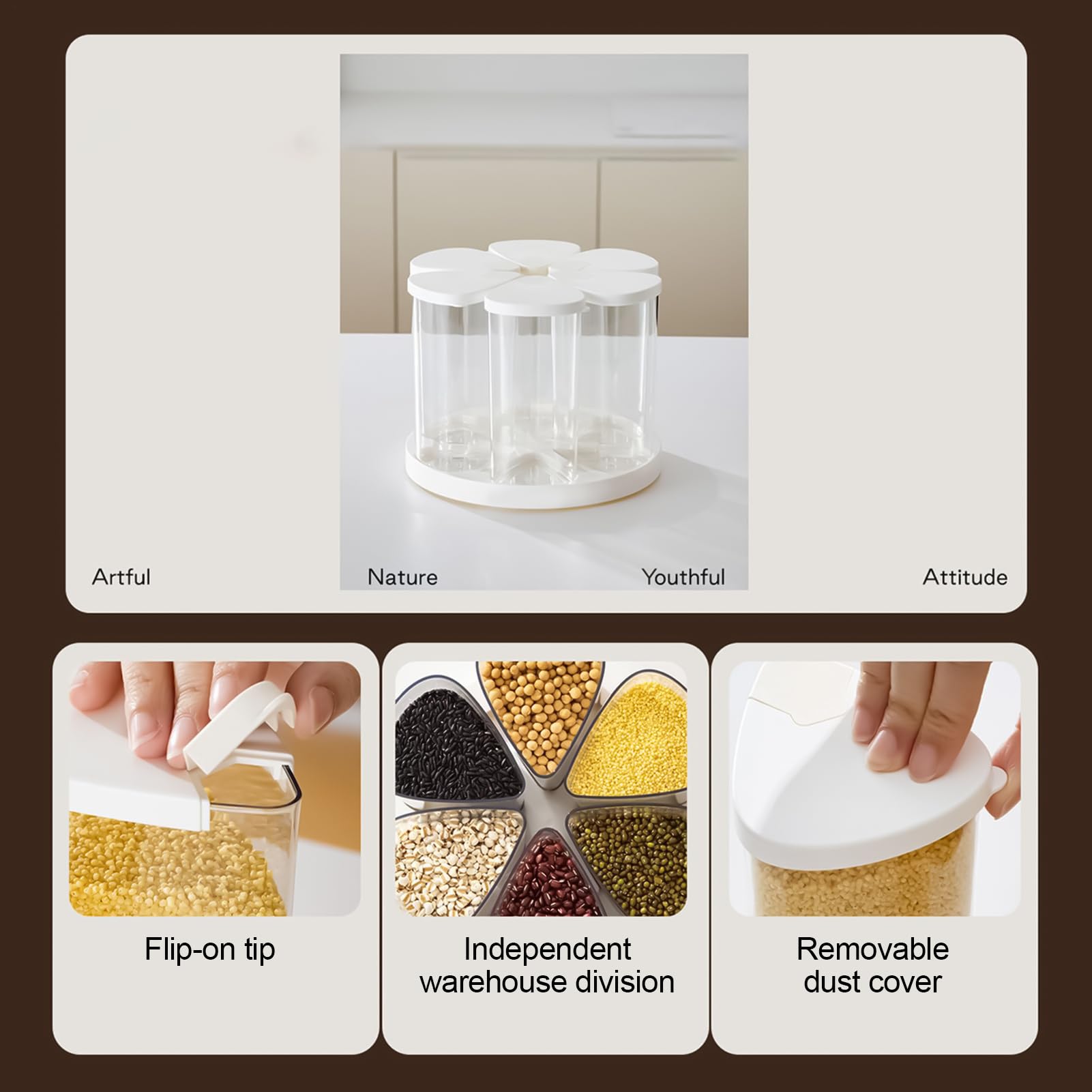 Dispenser Di Cereali Contenitore Organizzatore A 6 Scomparti | Dispenser Rotante Alimenti E Porta Riso Per Organizzazione Dispensa Piano Cucina Armadi Cereali Farina Zucchero Dolci Snack