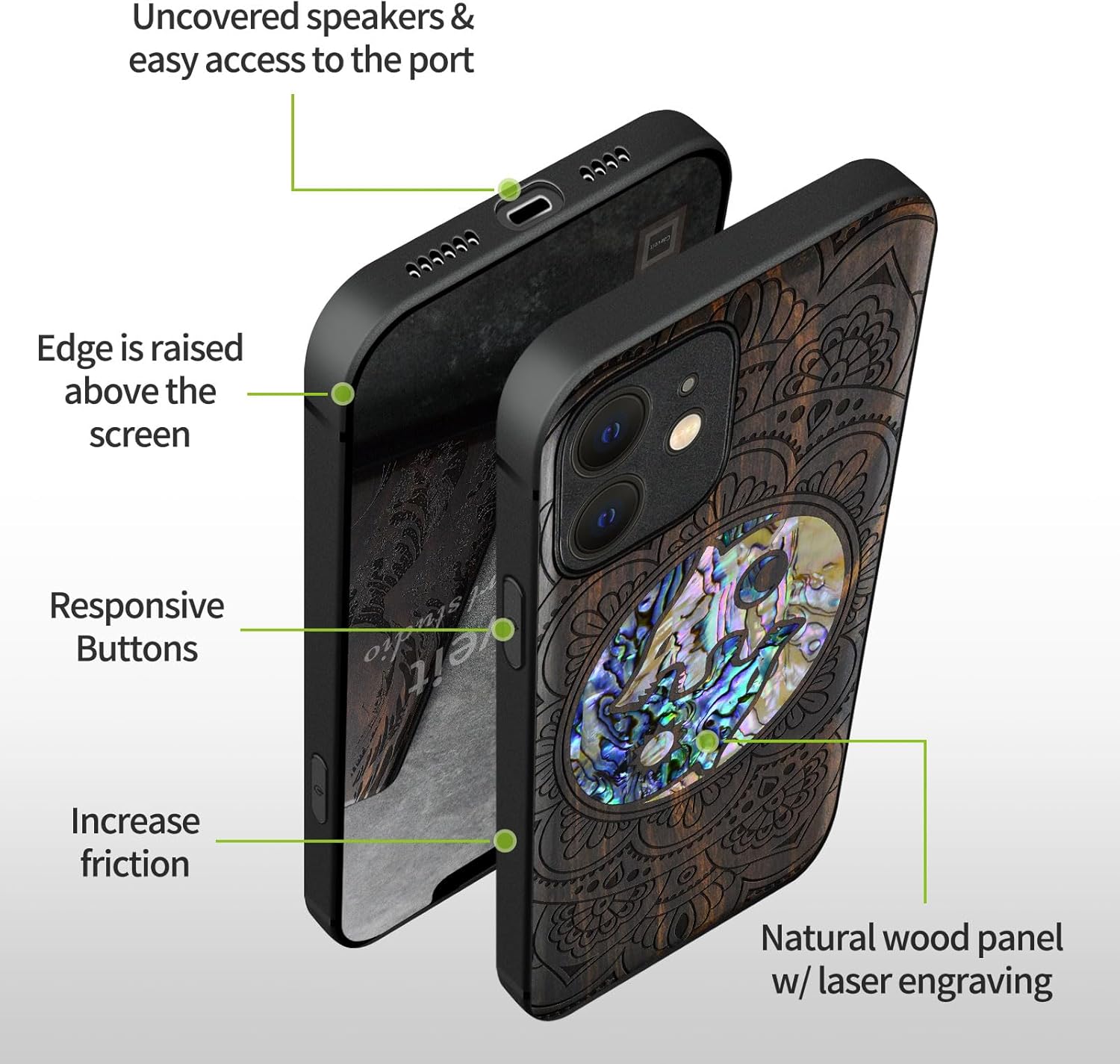 Carveit Designer Wooden Protective Case for iPhone 12 Magnetic Cover [Wood Engraving & Shell Inlay] Compatible with iPhone 12 MagSafe (Shell Yin Yang Wolf-Blackwood)