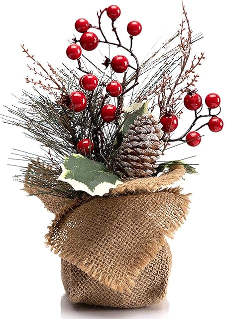 BEJOY Artificial Mini Christmas Tree 2 Packs, 25cm Small Desk Christmas Tree with Red Berries, Ice Crystals and Pine Cone for Holiday Desk Decorations Party Favor