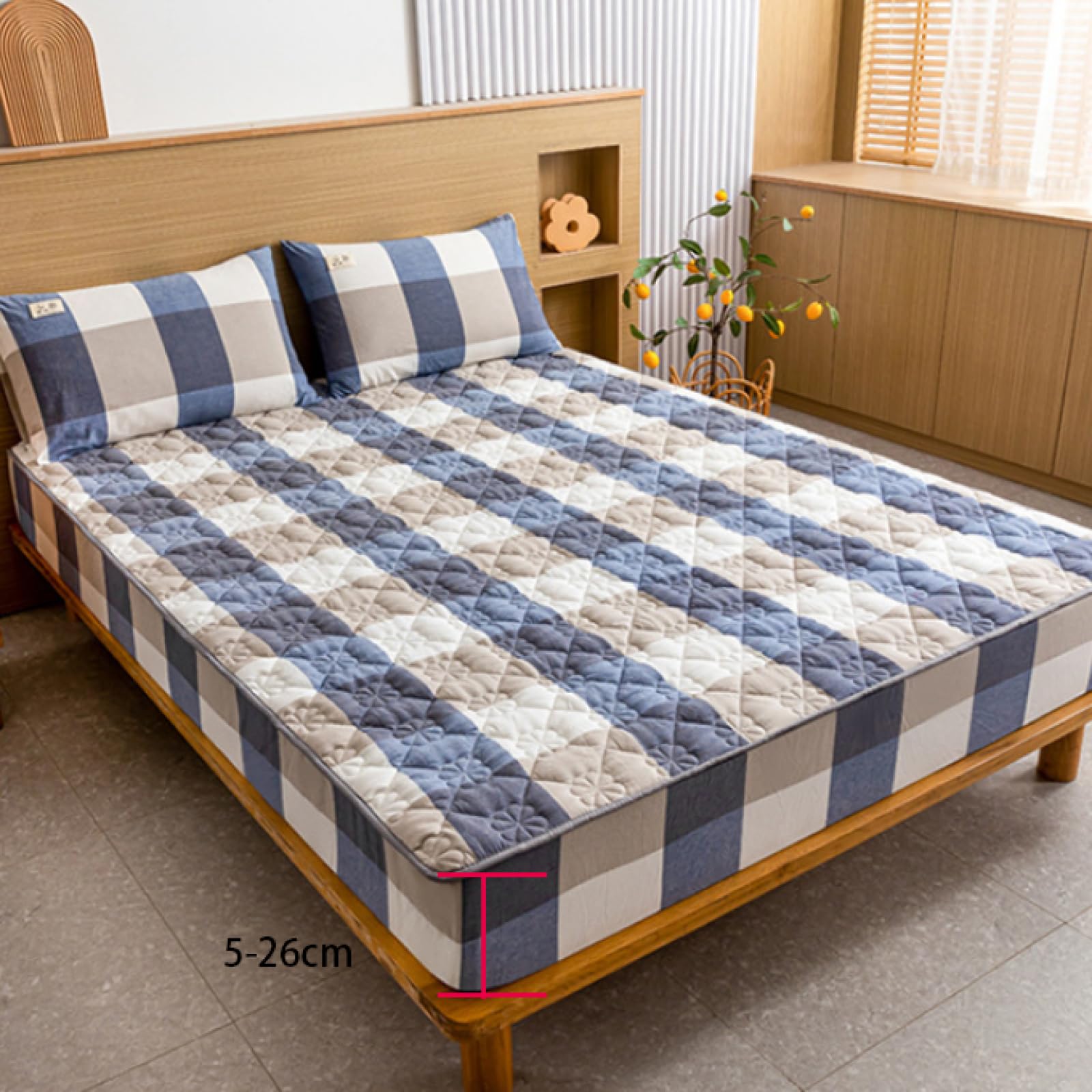 FCLDESHOP Drap de Lit Protège Matelas,Draps-Housses matelassés en Coton,Couvre-lit à Carreaux antidérapants, Doux pour la Peau, pour Chambre à Coucher, Maison de Vacances, Kaki, 180 x 200 cm + 26 cm