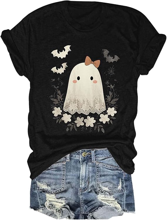 Halloween Shirts for Women 2025 Pumpkin Spooky Shirts Cute Short Sleeve Grapghic Tee Ghost Orange Tops Costumes Fall Clothes