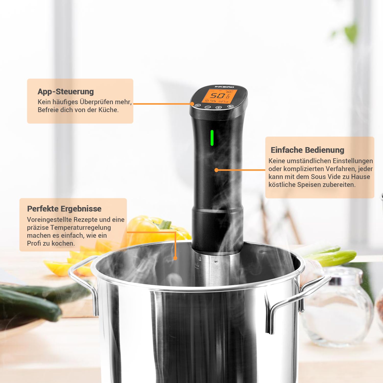 Inkbird Sous Vide Stick 1000 Watt,ISV-200W Sous Vide Garer App-Steuerung,360° Zirkulation,0℃-90℃ Temperatur