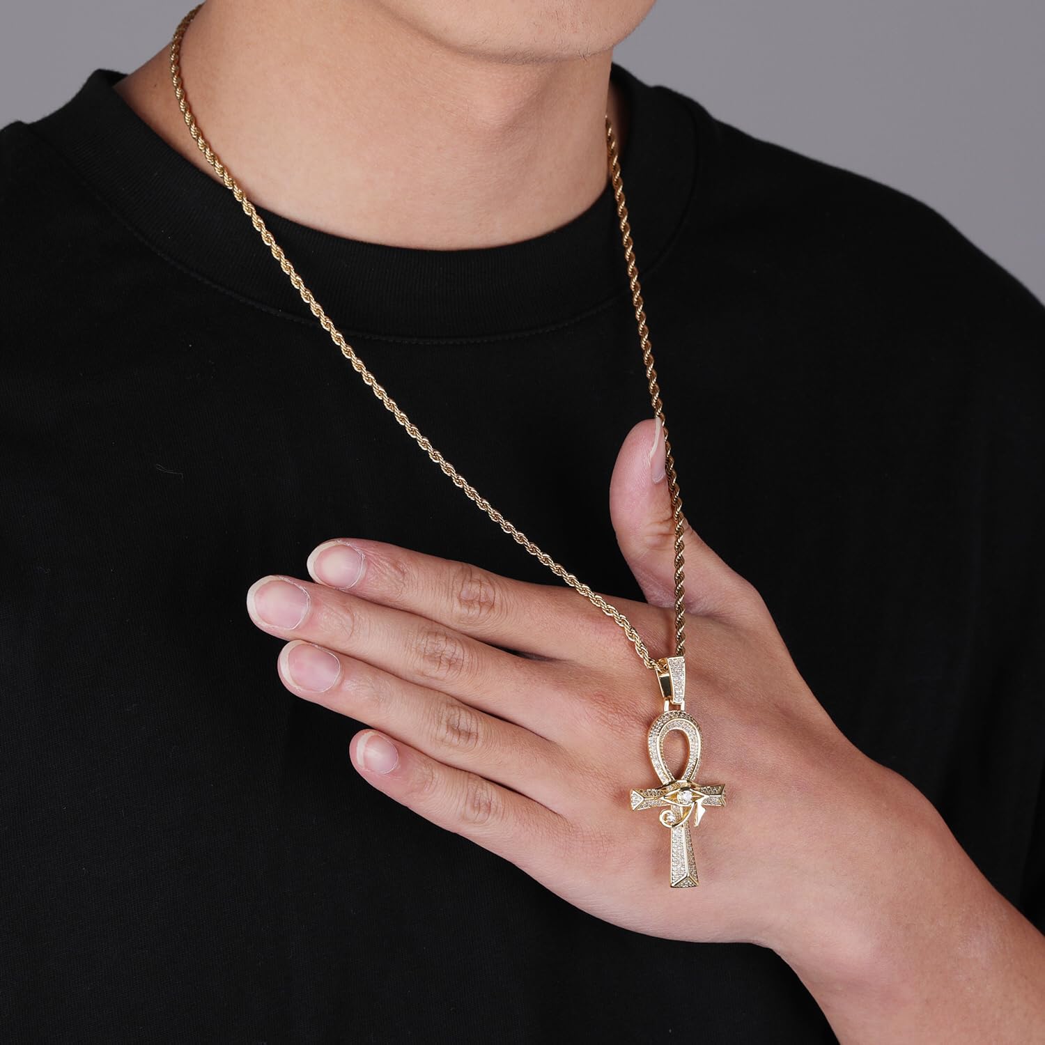 Iced Out Eye of Horus Ankh Cross Pendant Ancient Egyptian Necklace Chain 14K Gold White Gold Plated Protection Jewelry for Men Women with Stainless Rope Chain - Image 6