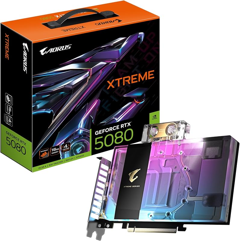 AORUS GeForce RTX 5080 Xtreme WATERFORCE WB 16G Graphics Card - 16GB GDDR7, 256bit, PCI-E 5.0, 2805MHz Core Clock, 3 x DP 2.1a, 1 x HDMI 2.1b, NVIDIA DLSS 4, GV-N5080AORUSX WB-16GD