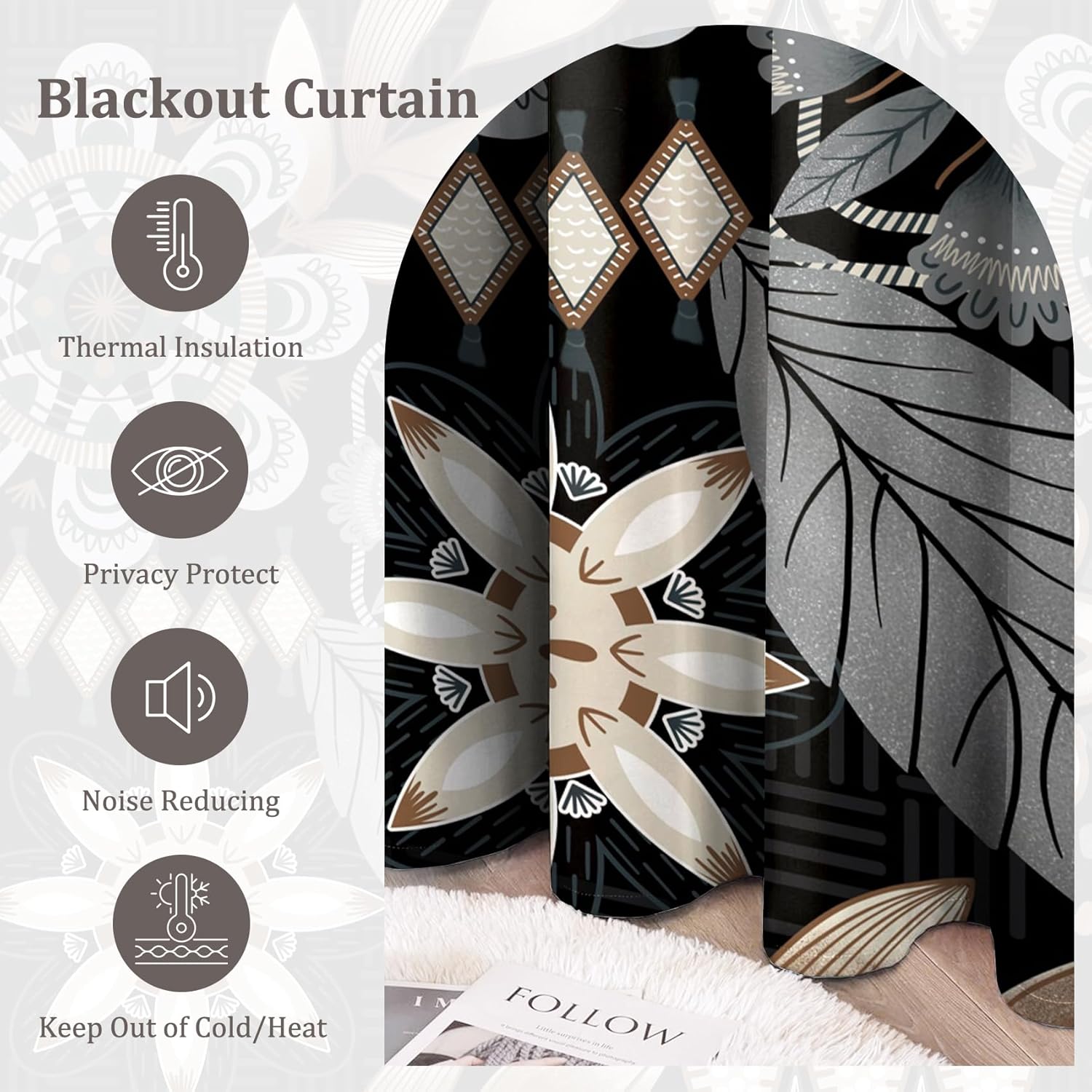 Black Boho Floral Blackout Curtains for Bedroom/Living Room,Modern Luxury 2 Panels Sets Blackout Window Curtain,Bohemian Flower Thermal Insulated Printed Curtains with Grommet,53" Wx63 L