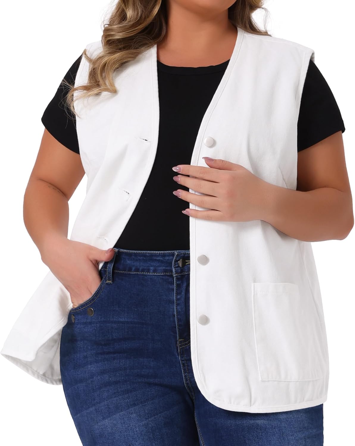 Agnes Orinda Plus Size Denim Vest Top for Women Button Down V Neck Waistcoat Sleeveless Jean Jacket Vests