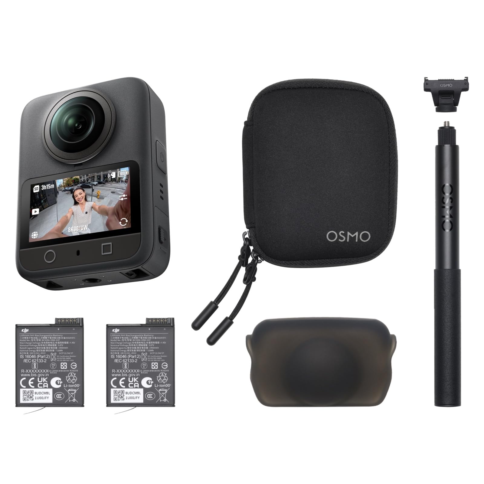 DJI Osmo 360 Essential Combo, 360 Kamera mit 1-Zoll 360° Aufnahmen, Natives 8K 360° Video, 1,2 m unsichtbarer Selfie-Stick-Kit, verlängerte Akkulaufzeit mit 2 Akkus