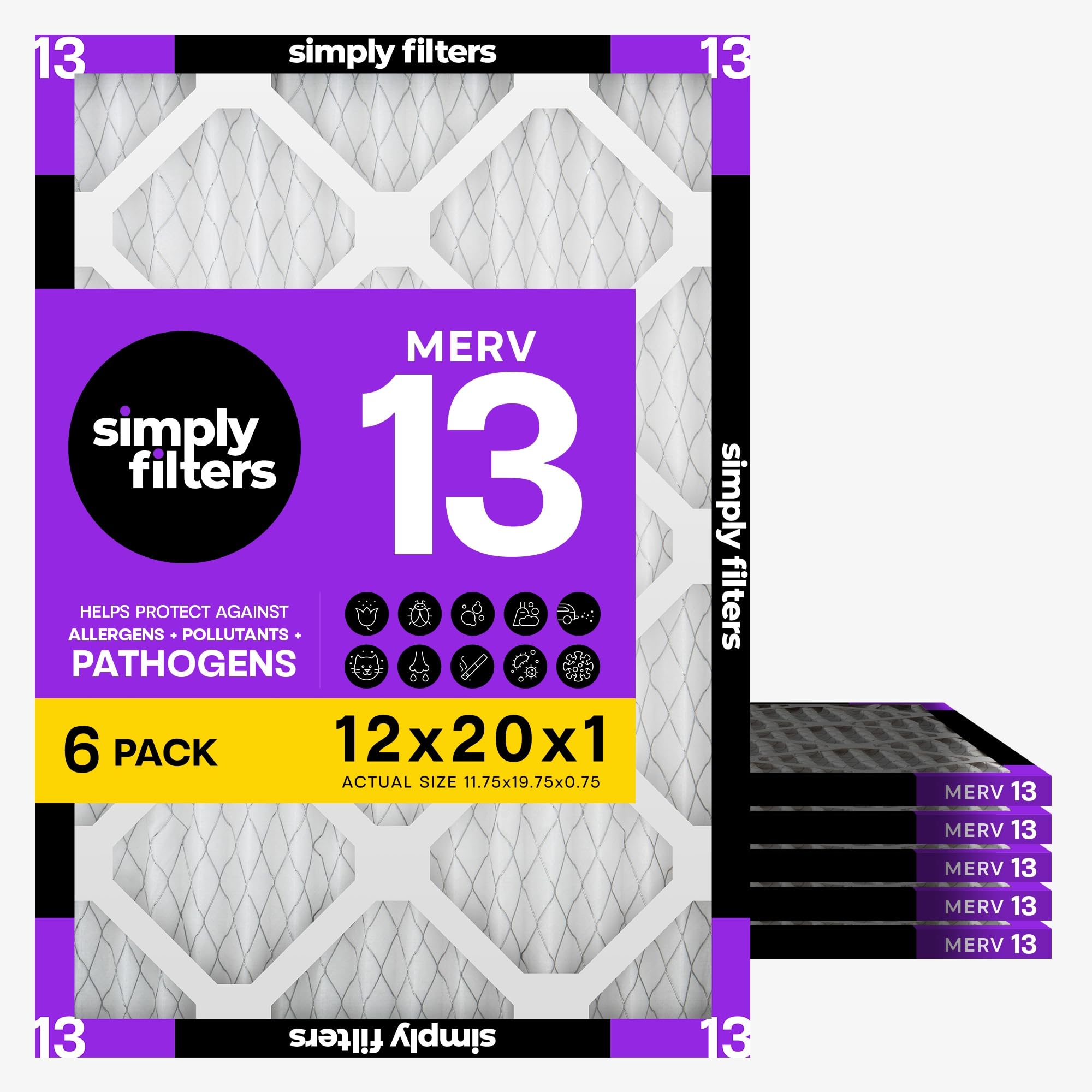 Simply 12x20x1 Air Filter, Merv 13, MPR 1500, 6 Pack, Furnace Air Filter for HVAC (Actual Size: 11.75"x19.75"x0.75") DUST, Pet, & Allergy Control