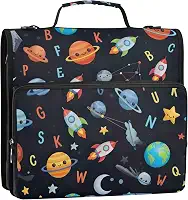 Fichários fofos de desenhos animados de planetas de 3,8 cm, 3 anéis, organizador de fichário de ensino médio, bolsa para fichário de ensino médio com alça, comporta 500 folhas, 34,5 x 31,5 x 9 cm